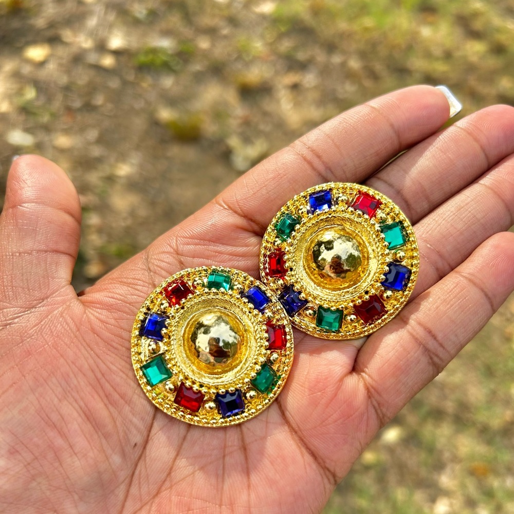 80'S Vintage Multicolored Crystals Gold Byzantine Style Statement